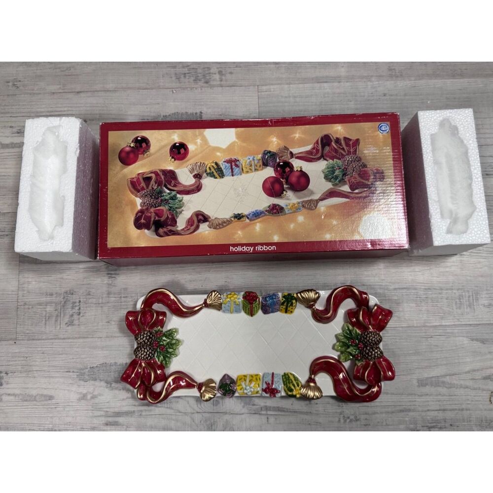 VTG JCPenney Home Collection Holiday Ribbon Decorative Ceramic Tray NIB